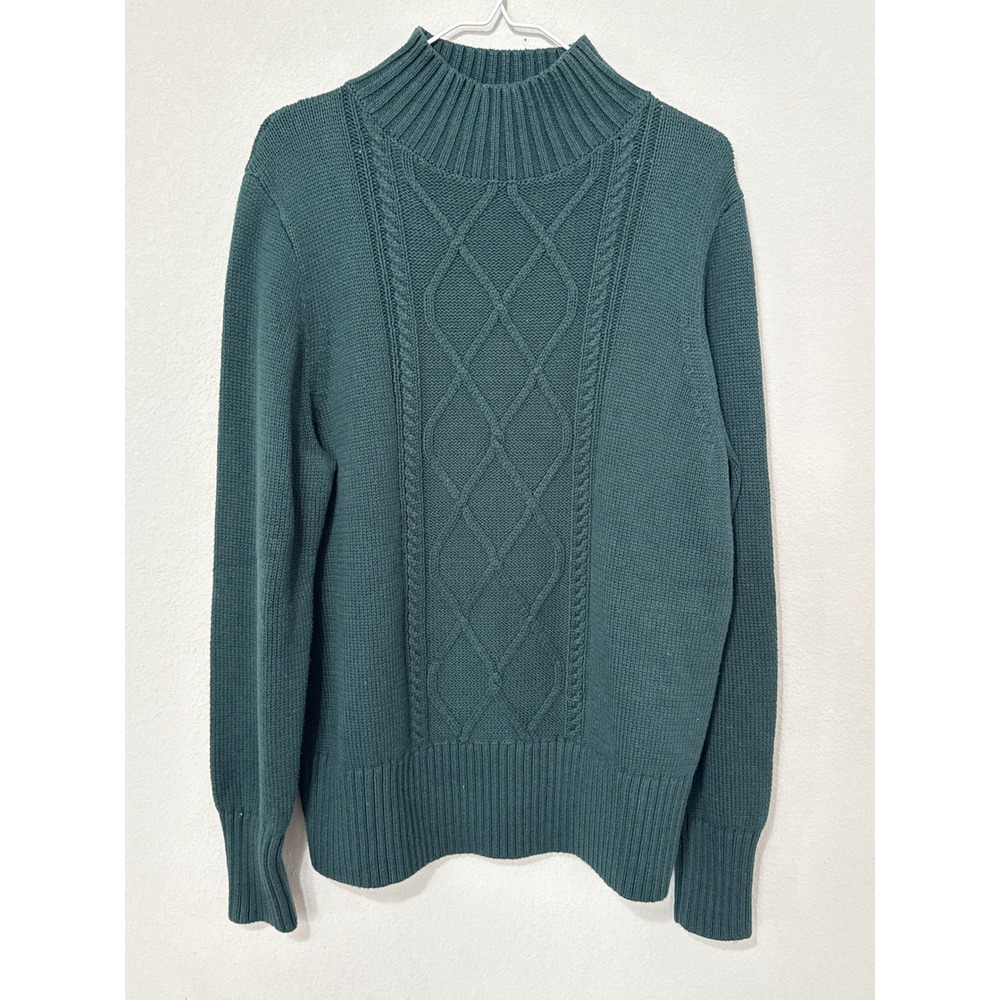 J.Crew‎ Cable Knit Sweater Women XL Green Mock Neck Cotton Pullover Long Sleeve